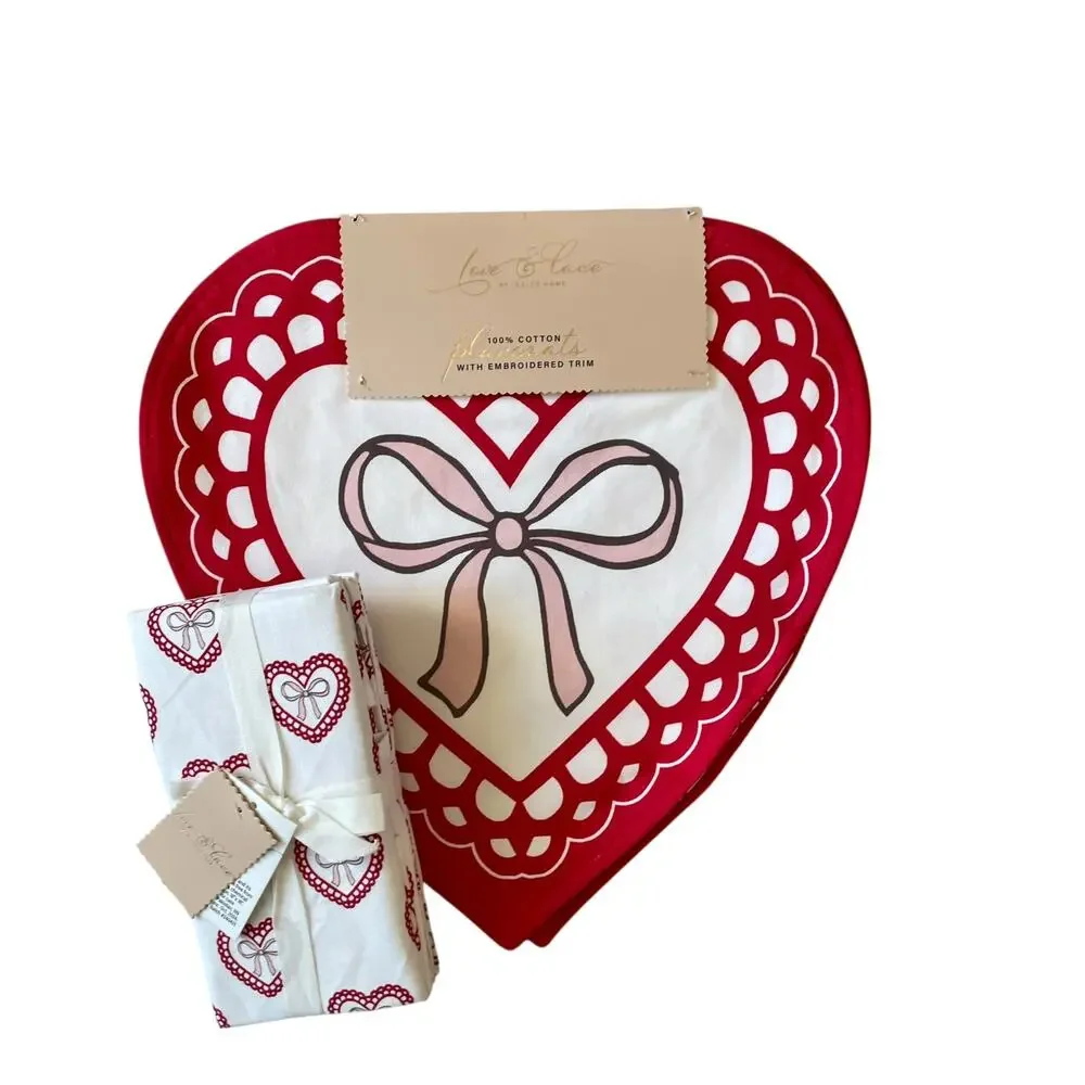 8pc Valentine Heart Placemat & Napkin Set 15in Cotton Pink Red White Love XO NEW